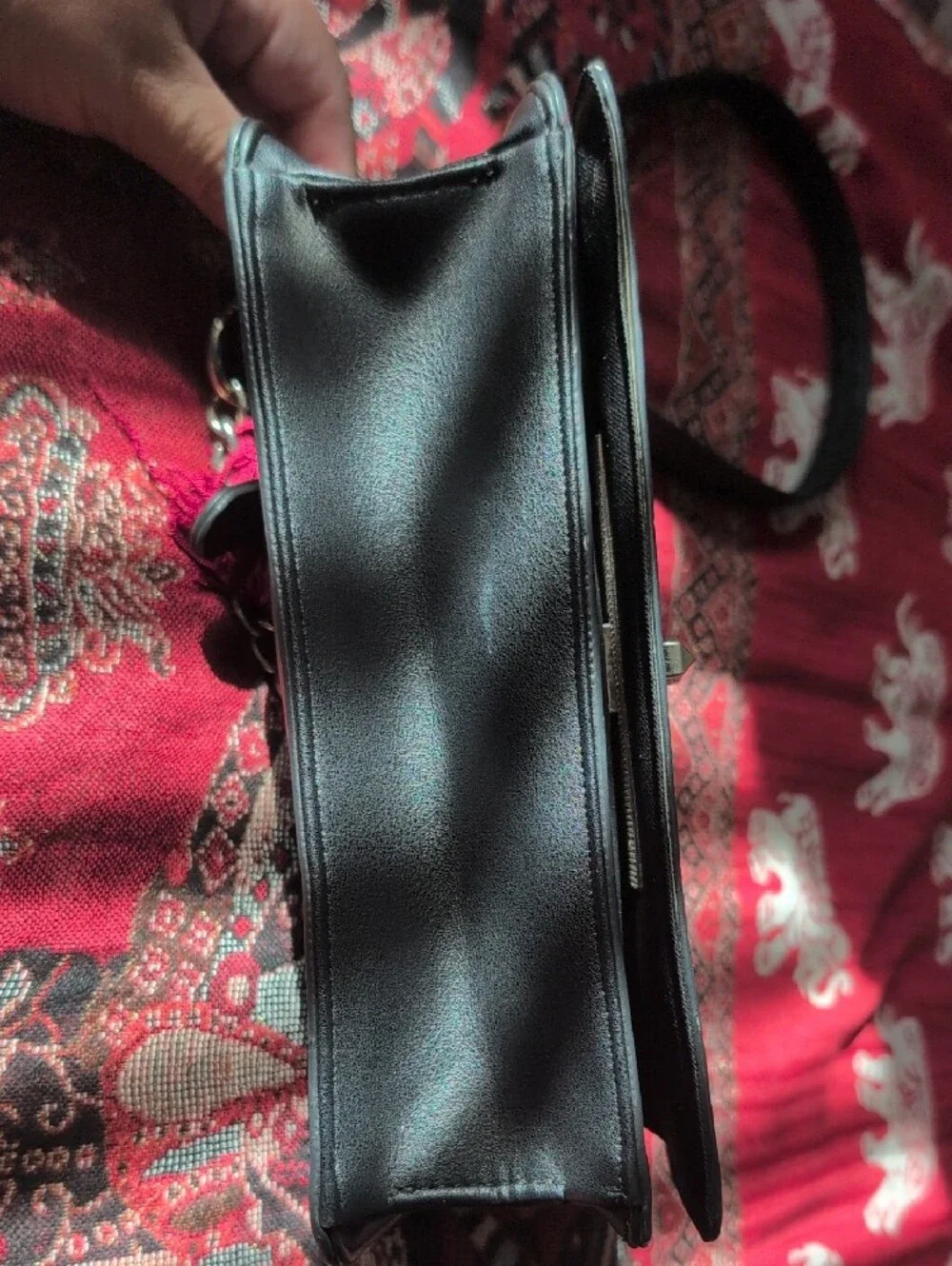 Black Embossed Leather Crossbody Bag with Red Floral Embroidery